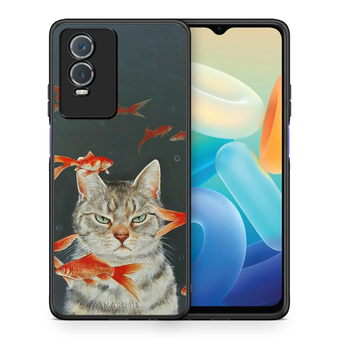 Θήκη Vivo Y76 5G / Y76s / Y74s Cat Goldfish από τη Smartfits με σχέδιο στο πίσω μέρος και μαύρο περίβλημα | Vivo Y76 5G / Y76s / Y74s Cat Goldfish case with colorful back and black bezels