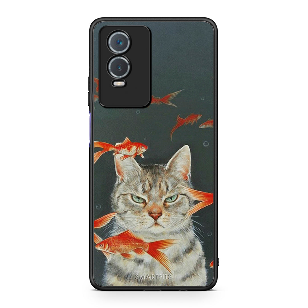 Vivo Y76 5G / Y76s / Y74s Cat Goldfish θήκη από τη Smartfits με σχέδιο στο πίσω μέρος και μαύρο περίβλημα | Smartphone case with colorful back and black bezels by Smartfits