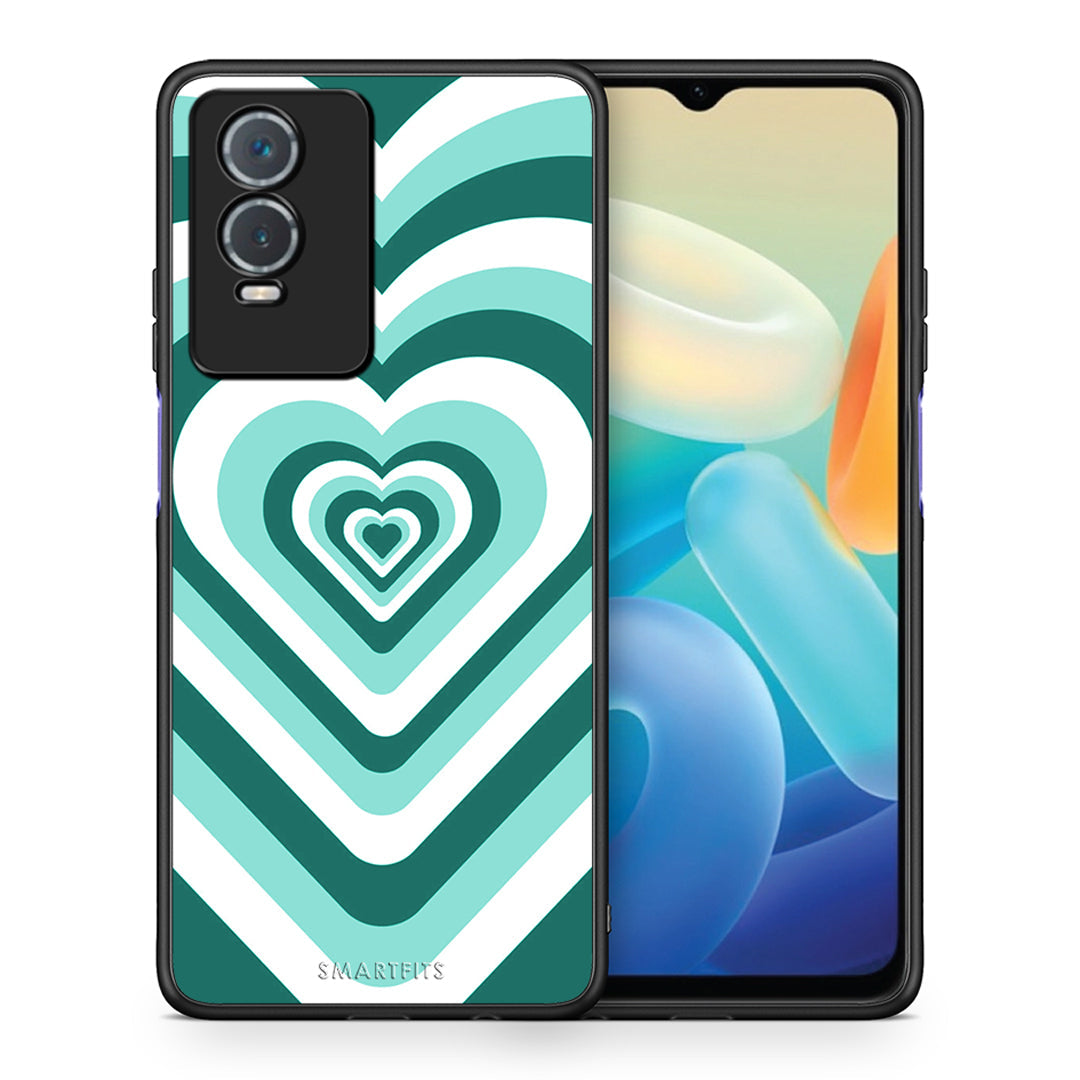 Θήκη Vivo Y76 5G / Y76s / Y74s Green Hearts από τη Smartfits με σχέδιο στο πίσω μέρος και μαύρο περίβλημα | Vivo Y76 5G / Y76s / Y74s Green Hearts case with colorful back and black bezels