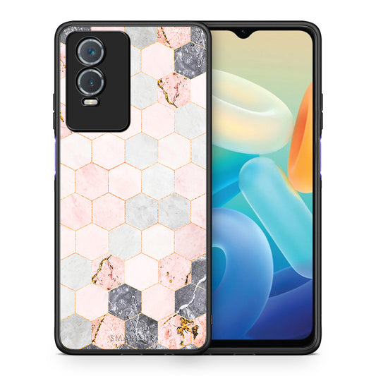 Θήκη Vivo Y76 5G / Y76s / Y74s Hexagon Pink Marble από τη Smartfits με σχέδιο στο πίσω μέρος και μαύρο περίβλημα | Vivo Y76 5G / Y76s / Y74s Hexagon Pink Marble case with colorful back and black bezels