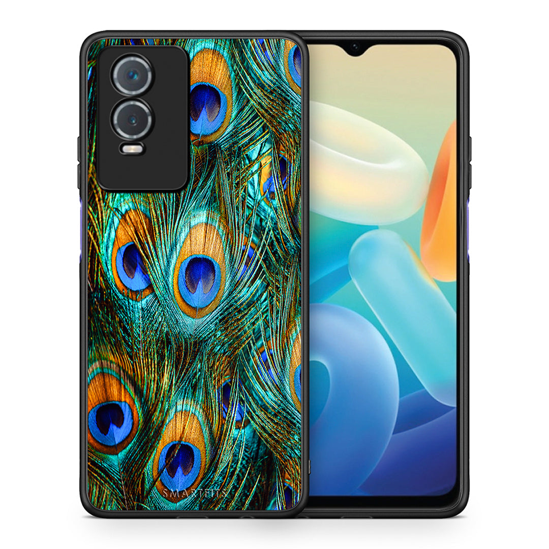 Θήκη Vivo Y76 5G / Y76s / Y74s Real Peacock Feathers από τη Smartfits με σχέδιο στο πίσω μέρος και μαύρο περίβλημα | Vivo Y76 5G / Y76s / Y74s Real Peacock Feathers case with colorful back and black bezels