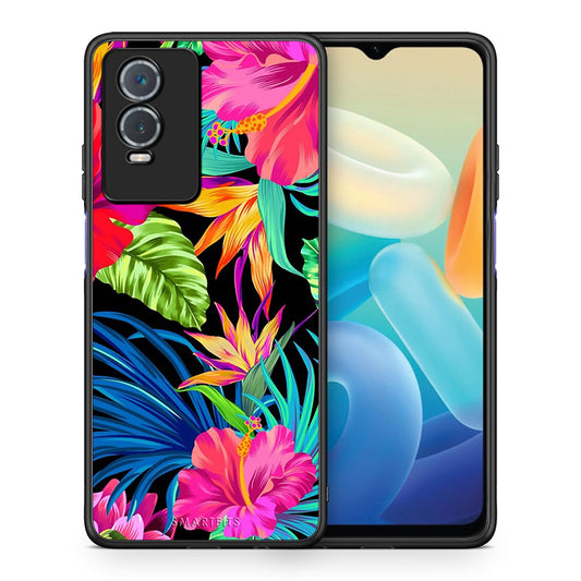 Θήκη Vivo Y76 5G / Y76s / Y74s Tropical Flowers από τη Smartfits με σχέδιο στο πίσω μέρος και μαύρο περίβλημα | Vivo Y76 5G / Y76s / Y74s Tropical Flowers case with colorful back and black bezels