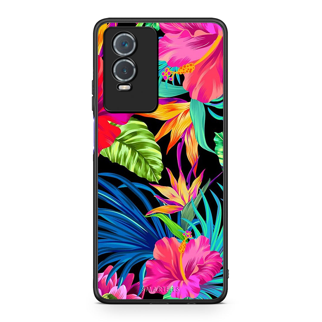 Vivo Y76 5G / Y76s / Y74s Tropical Flowers θήκη από τη Smartfits με σχέδιο στο πίσω μέρος και μαύρο περίβλημα | Smartphone case with colorful back and black bezels by Smartfits