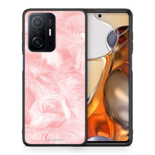 Θήκη Xiaomi 11T/11T Pro Pink Feather Boho από τη Smartfits με σχέδιο στο πίσω μέρος και μαύρο περίβλημα | Xiaomi 11T/11T Pro Pink Feather Boho case with colorful back and black bezels