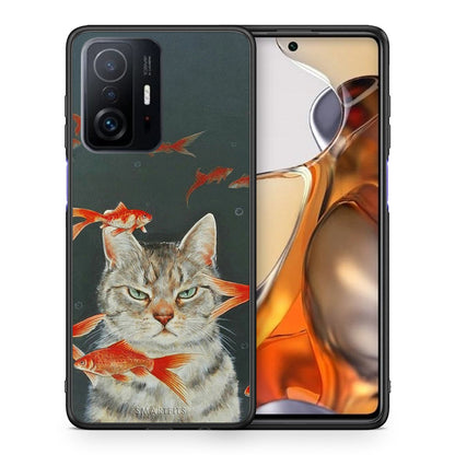 Θήκη Xiaomi 11T/11T Pro Cat Goldfish από τη Smartfits με σχέδιο στο πίσω μέρος και μαύρο περίβλημα | Xiaomi 11T/11T Pro Cat Goldfish case with colorful back and black bezels