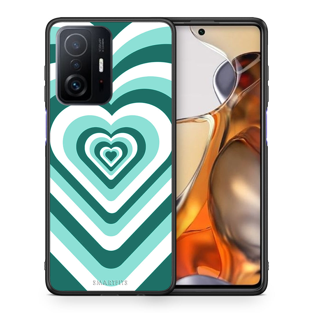 Θήκη Xiaomi 11T/11T Pro Green Hearts από τη Smartfits με σχέδιο στο πίσω μέρος και μαύρο περίβλημα | Xiaomi 11T/11T Pro Green Hearts case with colorful back and black bezels