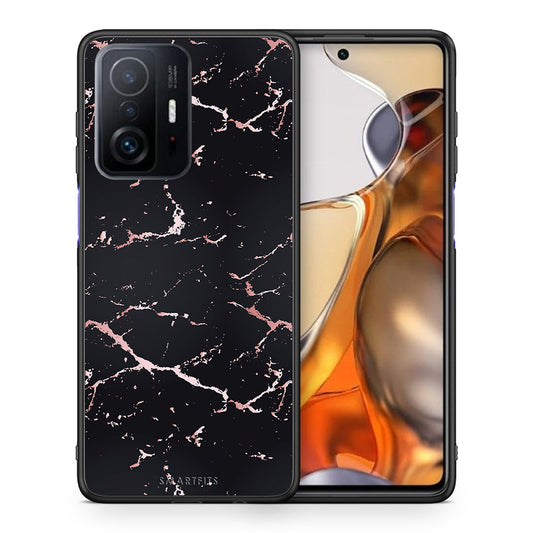 Θήκη Xiaomi 11T/11T Pro Black Rosegold Marble από τη Smartfits με σχέδιο στο πίσω μέρος και μαύρο περίβλημα | Xiaomi 11T/11T Pro Black Rosegold Marble case with colorful back and black bezels