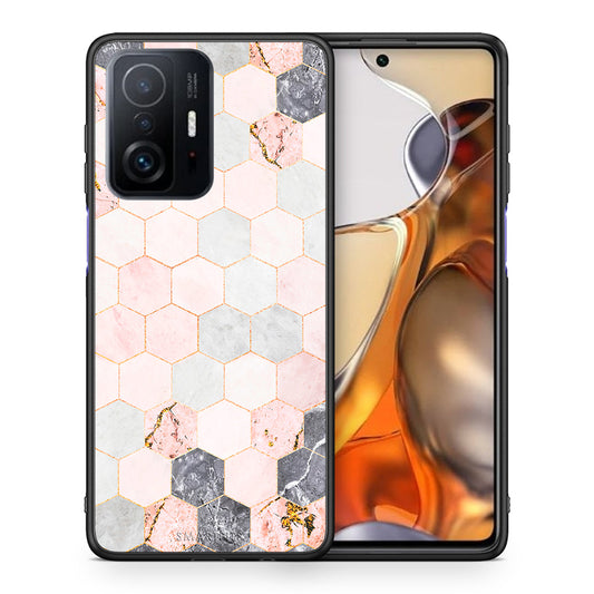 Θήκη Xiaomi 11T/11T Pro Hexagon Pink Marble από τη Smartfits με σχέδιο στο πίσω μέρος και μαύρο περίβλημα | Xiaomi 11T/11T Pro Hexagon Pink Marble case with colorful back and black bezels