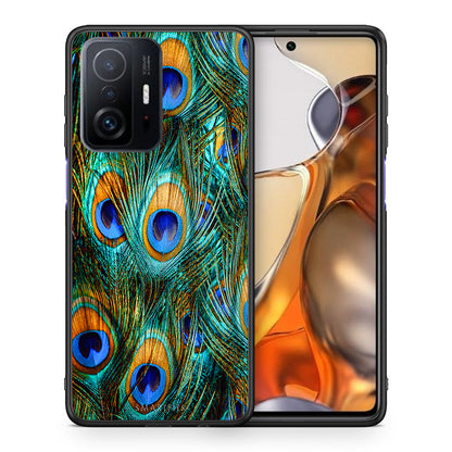 Θήκη Xiaomi 11T/11T Pro Real Peacock Feathers από τη Smartfits με σχέδιο στο πίσω μέρος και μαύρο περίβλημα | Xiaomi 11T/11T Pro Real Peacock Feathers case with colorful back and black bezels