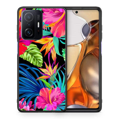 Θήκη Xiaomi 11T/11T Pro Tropical Flowers από τη Smartfits με σχέδιο στο πίσω μέρος και μαύρο περίβλημα | Xiaomi 11T/11T Pro Tropical Flowers case with colorful back and black bezels