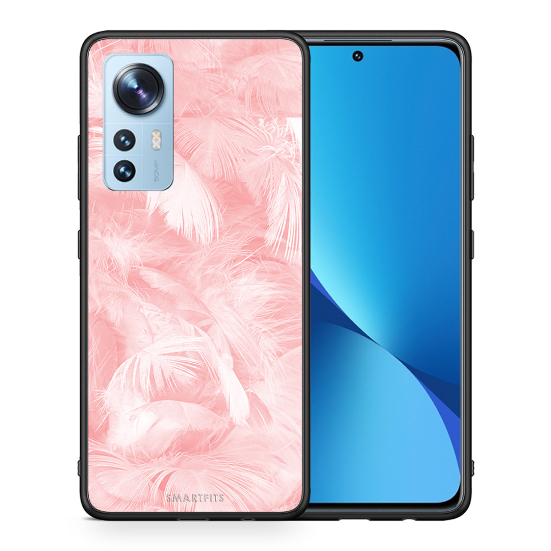 Θήκη Xiaomi 12/12X 5G Pink Feather Boho από τη Smartfits με σχέδιο στο πίσω μέρος και μαύρο περίβλημα | Xiaomi 12/12X 5G Pink Feather Boho case with colorful back and black bezels