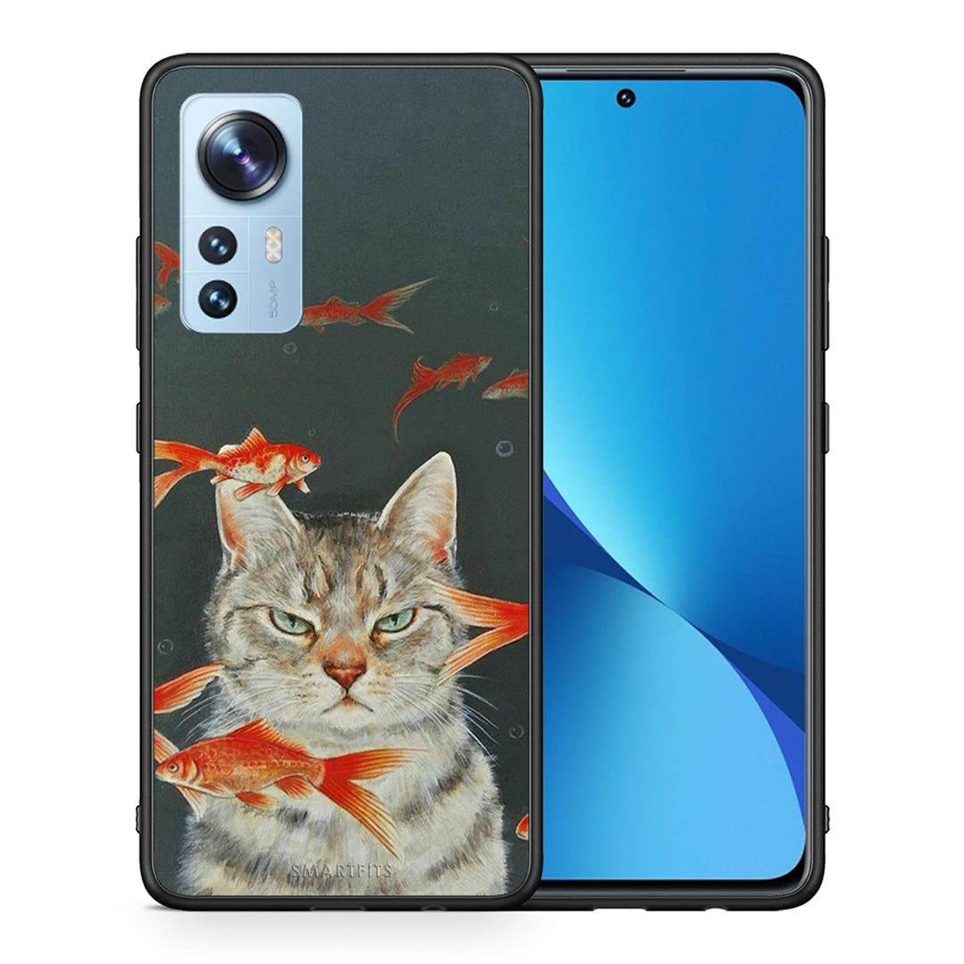 Θήκη Xiaomi 12/12X 5G Cat Goldfish από τη Smartfits με σχέδιο στο πίσω μέρος και μαύρο περίβλημα | Xiaomi 12/12X 5G Cat Goldfish case with colorful back and black bezels