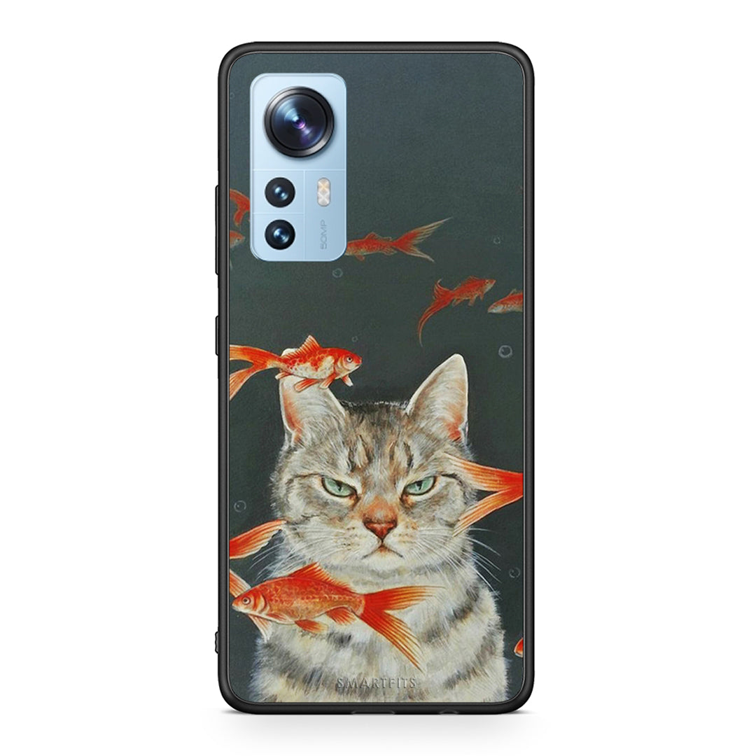 Xiaomi 12/12X 5G Cat Goldfish θήκη από τη Smartfits με σχέδιο στο πίσω μέρος και μαύρο περίβλημα | Smartphone case with colorful back and black bezels by Smartfits