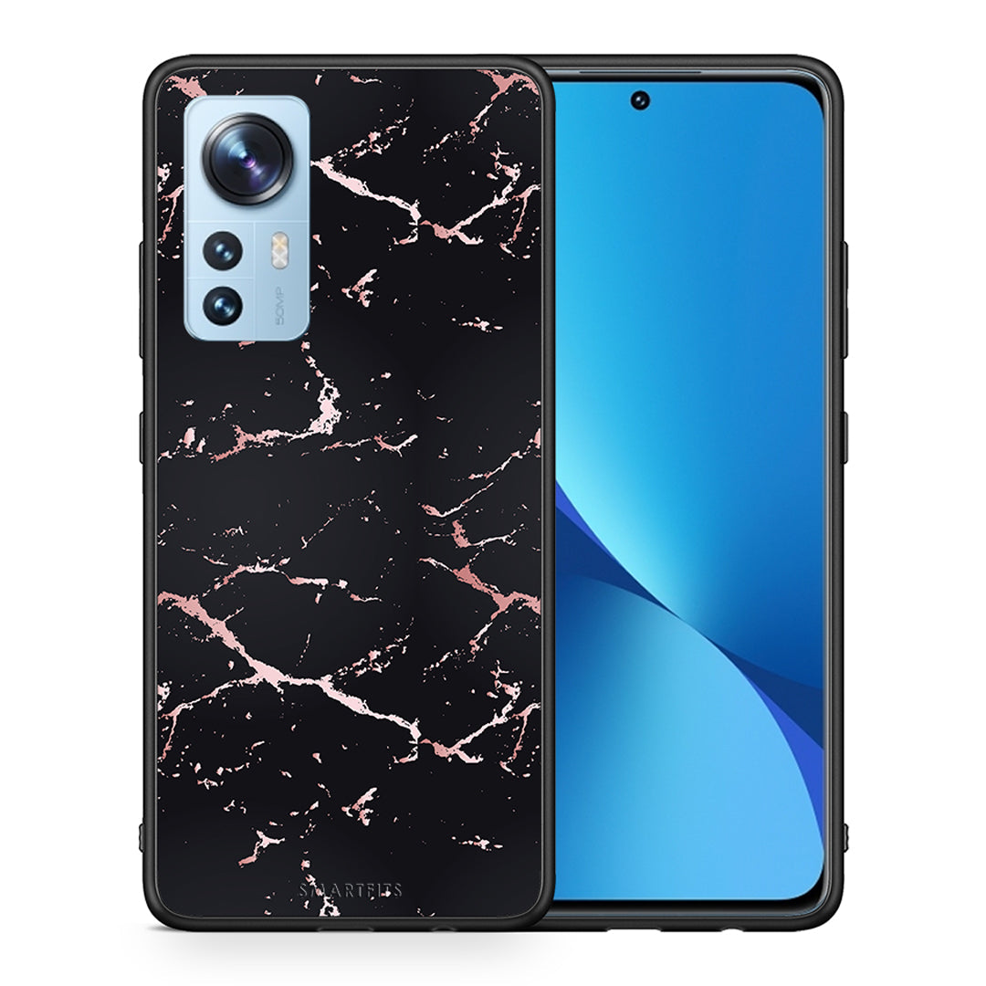 Θήκη Xiaomi 12/12X 5G Black Rosegold Marble από τη Smartfits με σχέδιο στο πίσω μέρος και μαύρο περίβλημα | Xiaomi 12/12X 5G Black Rosegold Marble case with colorful back and black bezels