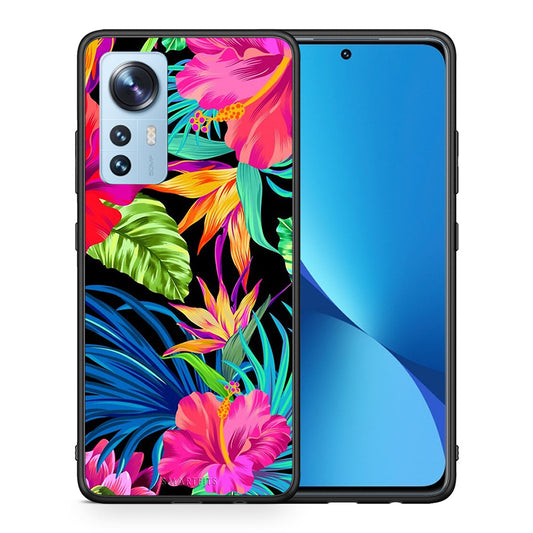 Θήκη Xiaomi 12/12X 5G Tropical Flowers από τη Smartfits με σχέδιο στο πίσω μέρος και μαύρο περίβλημα | Xiaomi 12/12X 5G Tropical Flowers case with colorful back and black bezels