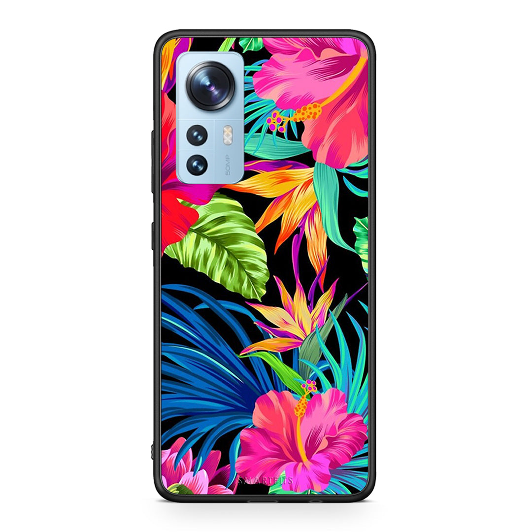 Xiaomi 12/12X 5G Tropical Flowers θήκη από τη Smartfits με σχέδιο στο πίσω μέρος και μαύρο περίβλημα | Smartphone case with colorful back and black bezels by Smartfits