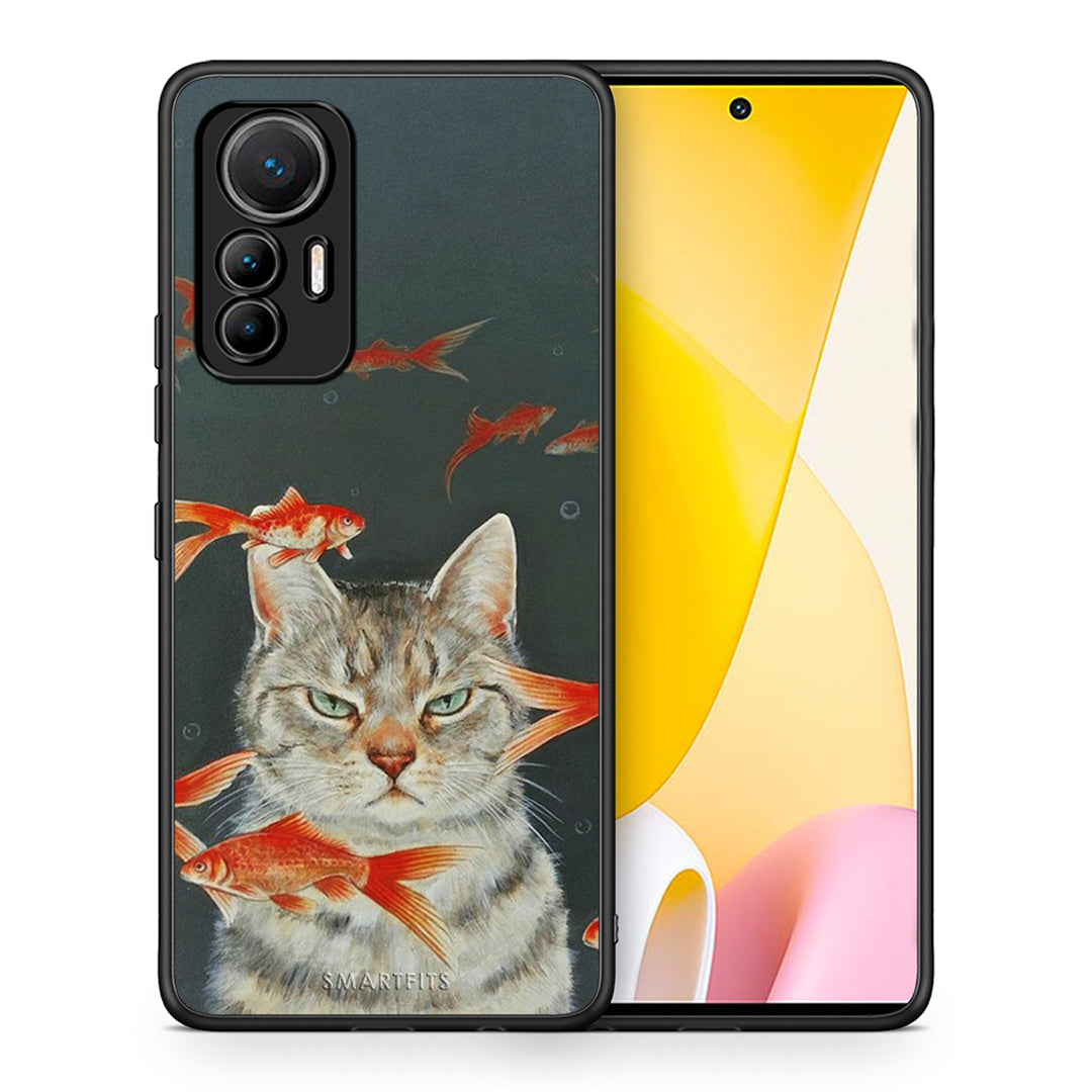 Θήκη Xiaomi 12 Lite 5G Cat Goldfish από τη Smartfits με σχέδιο στο πίσω μέρος και μαύρο περίβλημα | Xiaomi 12 Lite 5G Cat Goldfish case with colorful back and black bezels