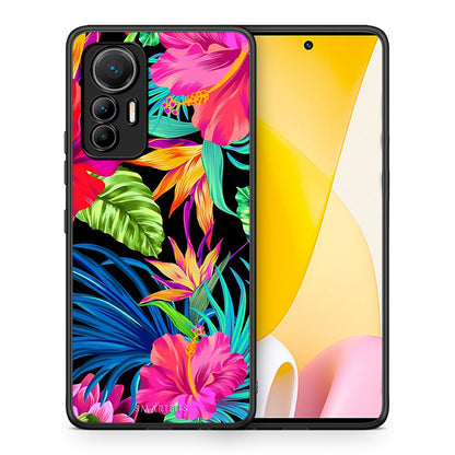 Θήκη Xiaomi 12 Lite 5G Tropical Flowers από τη Smartfits με σχέδιο στο πίσω μέρος και μαύρο περίβλημα | Xiaomi 12 Lite 5G Tropical Flowers case with colorful back and black bezels