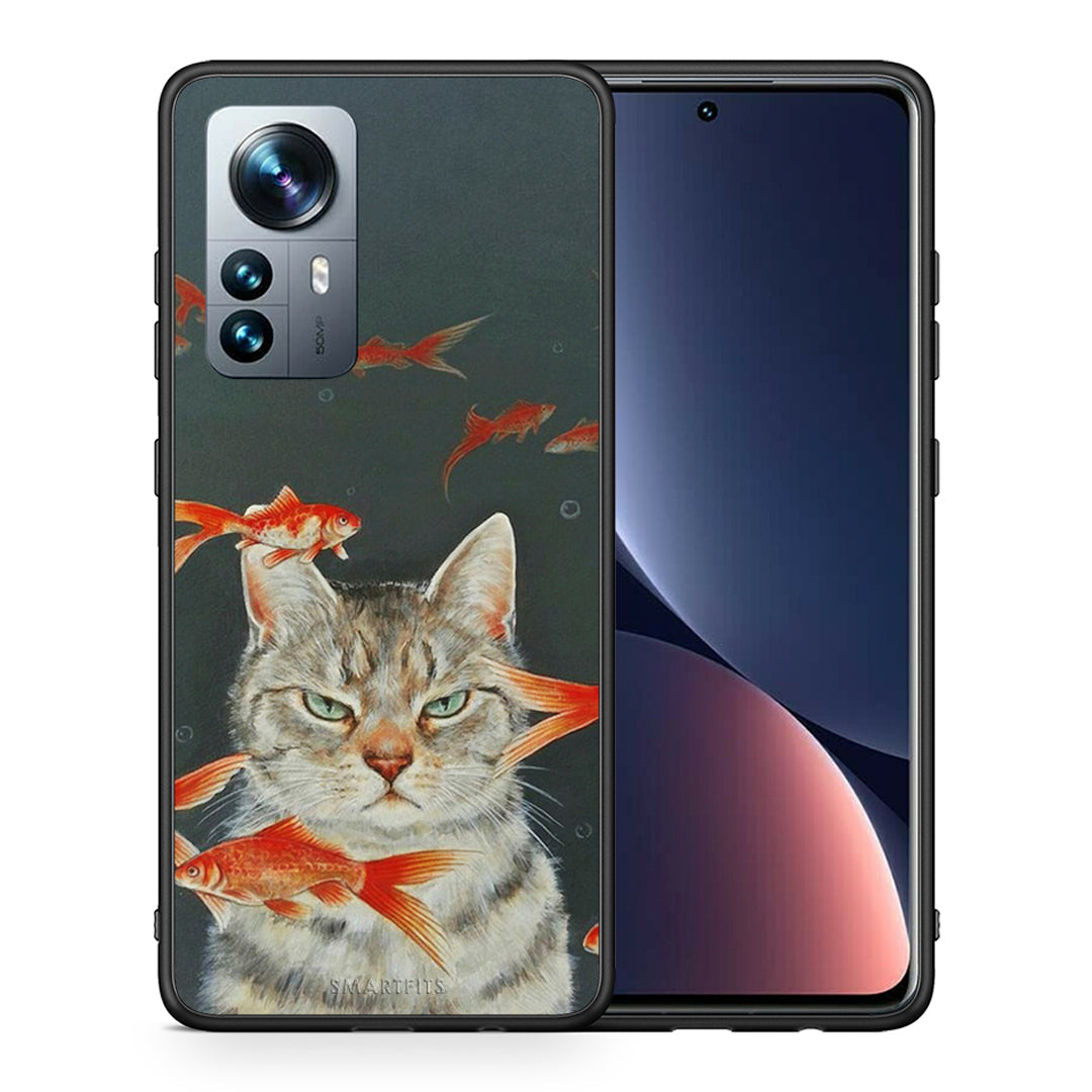 Θήκη Xiaomi 12 Pro Cat Goldfish από τη Smartfits με σχέδιο στο πίσω μέρος και μαύρο περίβλημα | Xiaomi 12 Pro Cat Goldfish case with colorful back and black bezels