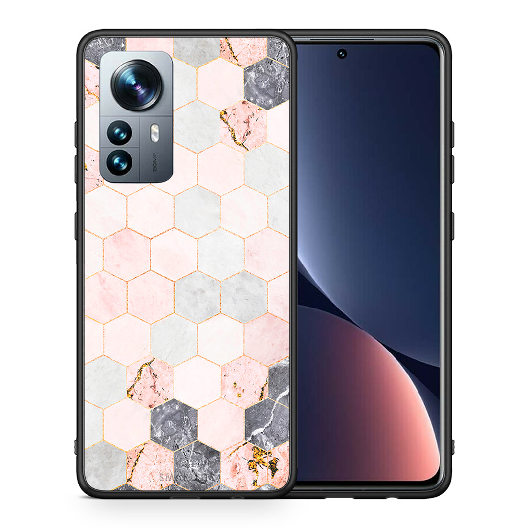 Θήκη Xiaomi 12 Pro Hexagon Pink Marble από τη Smartfits με σχέδιο στο πίσω μέρος και μαύρο περίβλημα | Xiaomi 12 Pro Hexagon Pink Marble case with colorful back and black bezels
