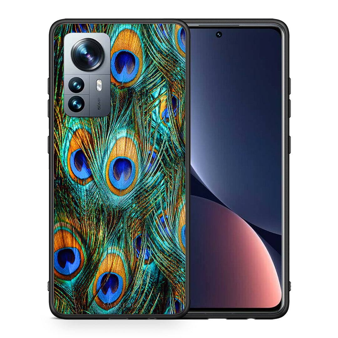 Θήκη Xiaomi 12 Pro Real Peacock Feathers από τη Smartfits με σχέδιο στο πίσω μέρος και μαύρο περίβλημα | Xiaomi 12 Pro Real Peacock Feathers case with colorful back and black bezels