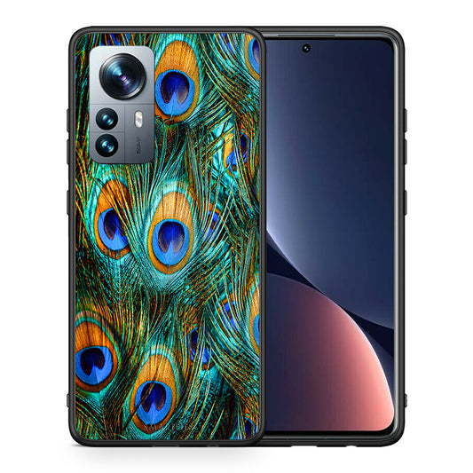 Θήκη Xiaomi 12 Pro Real Peacock Feathers από τη Smartfits με σχέδιο στο πίσω μέρος και μαύρο περίβλημα | Xiaomi 12 Pro Real Peacock Feathers case with colorful back and black bezels