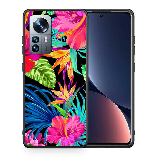 Θήκη Xiaomi 12 Pro Tropical Flowers από τη Smartfits με σχέδιο στο πίσω μέρος και μαύρο περίβλημα | Xiaomi 12 Pro Tropical Flowers case with colorful back and black bezels