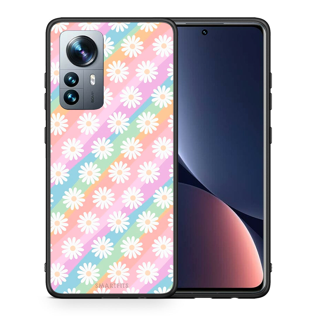 Θήκη Xiaomi 12 Pro White Daisies από τη Smartfits με σχέδιο στο πίσω μέρος και μαύρο περίβλημα | Xiaomi 12 Pro White Daisies case with colorful back and black bezels