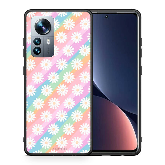 Θήκη Xiaomi 12 Pro White Daisies από τη Smartfits με σχέδιο στο πίσω μέρος και μαύρο περίβλημα | Xiaomi 12 Pro White Daisies case with colorful back and black bezels