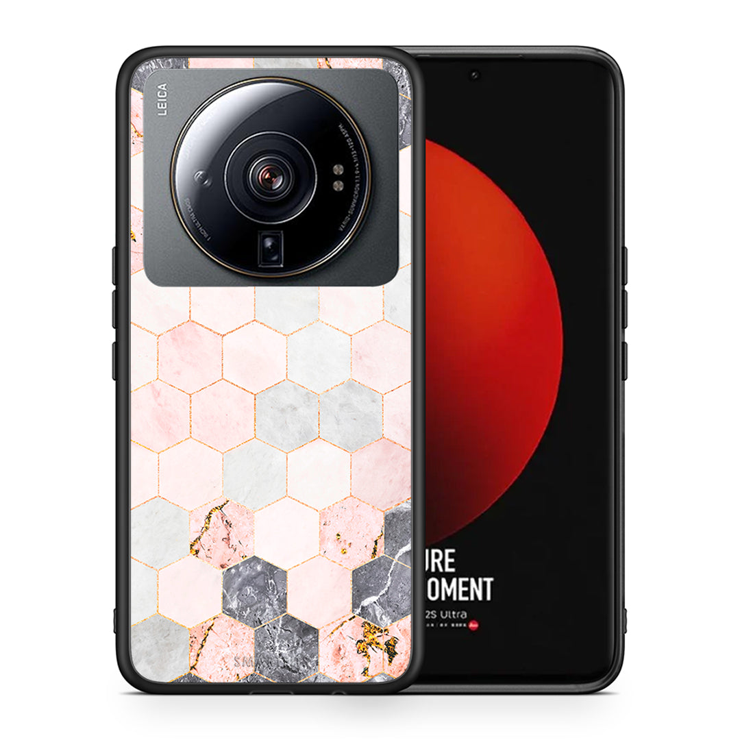 Θήκη Xiaomi 12S Ultra Hexagon Pink Marble από τη Smartfits με σχέδιο στο πίσω μέρος και μαύρο περίβλημα | Xiaomi 12S Ultra Hexagon Pink Marble case with colorful back and black bezels