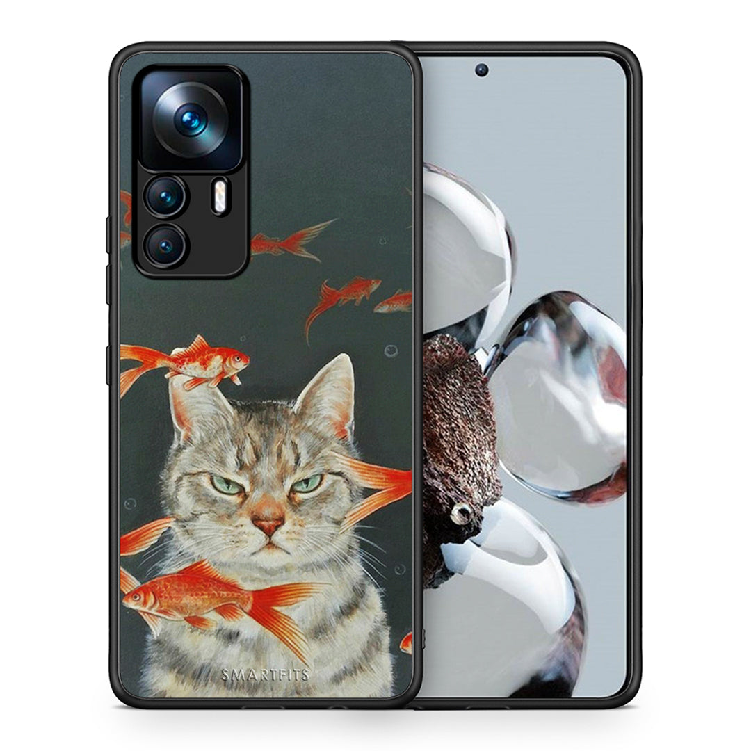 Θήκη Xiaomi 12T / 12T Pro / K50 Ultra Cat Goldfish από τη Smartfits με σχέδιο στο πίσω μέρος και μαύρο περίβλημα | Xiaomi 12T / 12T Pro / K50 Ultra Cat Goldfish case with colorful back and black bezels