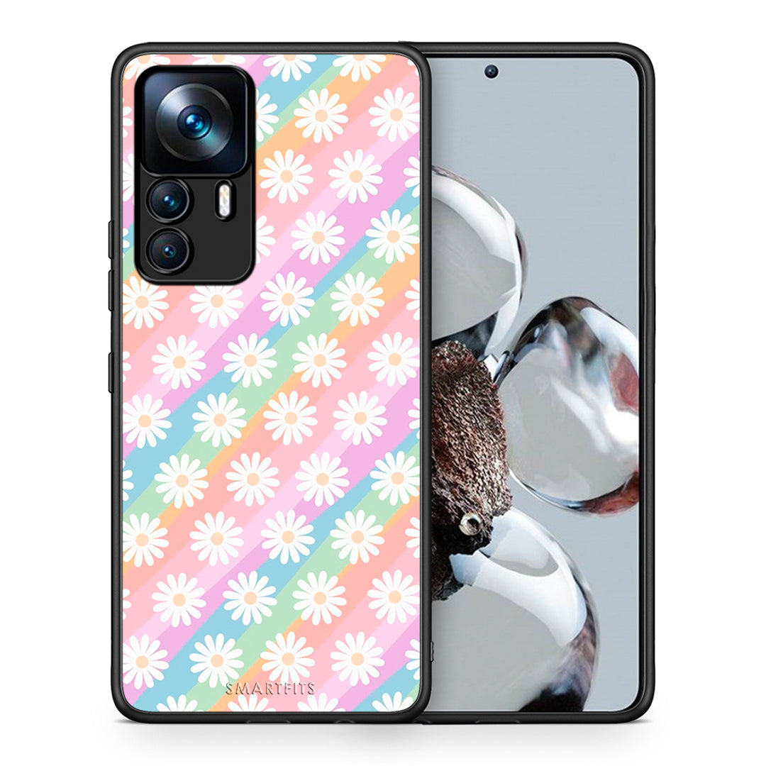 Θήκη Xiaomi 12T / K50 Ultra White Daisies από τη Smartfits με σχέδιο στο πίσω μέρος και μαύρο περίβλημα | Xiaomi 12T / K50 Ultra White Daisies case with colorful back and black bezels