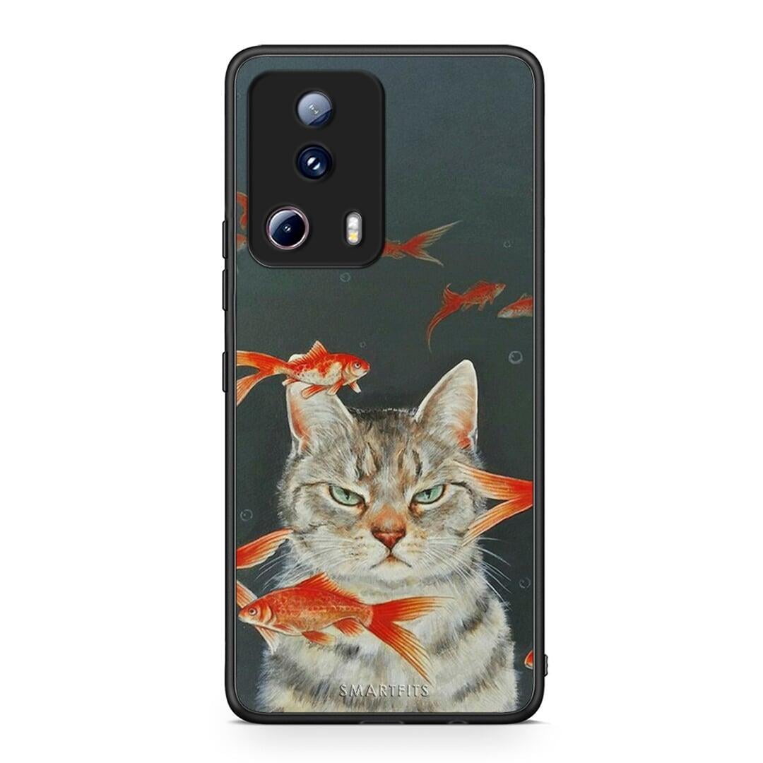 Θήκη Xiaomi 13 Lite 5G Cat Goldfish από τη Smartfits με σχέδιο στο πίσω μέρος και μαύρο περίβλημα | Xiaomi 13 Lite 5G Cat Goldfish Case with Colorful Back and Black Bezels