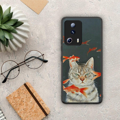 Θήκη Xiaomi 13 Lite 5G Cat Goldfish από τη Smartfits με σχέδιο στο πίσω μέρος και μαύρο περίβλημα | Xiaomi 13 Lite 5G Cat Goldfish Case with Colorful Back and Black Bezels