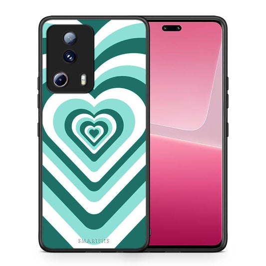 Θήκη Xiaomi 13 Lite 5G Green Hearts από τη Smartfits με σχέδιο στο πίσω μέρος και μαύρο περίβλημα | Xiaomi 13 Lite 5G Green Hearts Case with Colorful Back and Black Bezels