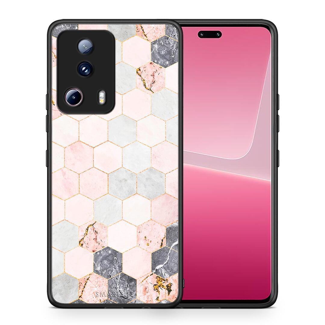 Θήκη Xiaomi 13 Lite 5G Marble Hexagon Pink από τη Smartfits με σχέδιο στο πίσω μέρος και μαύρο περίβλημα | Xiaomi 13 Lite 5G Marble Hexagon Pink Case with Colorful Back and Black Bezels
