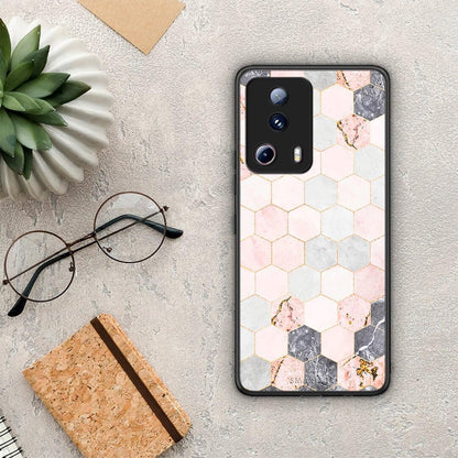 Θήκη Xiaomi 13 Lite 5G Marble Hexagon Pink από τη Smartfits με σχέδιο στο πίσω μέρος και μαύρο περίβλημα | Xiaomi 13 Lite 5G Marble Hexagon Pink Case with Colorful Back and Black Bezels