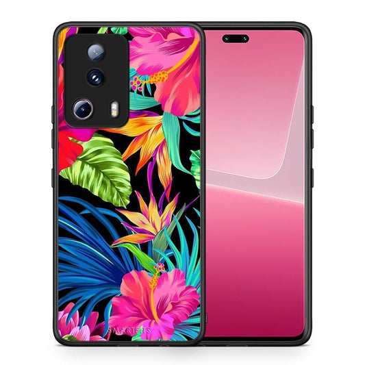 Θήκη Xiaomi 13 Lite 5G Tropical Flowers από τη Smartfits με σχέδιο στο πίσω μέρος και μαύρο περίβλημα | Xiaomi 13 Lite 5G Tropical Flowers Case with Colorful Back and Black Bezels
