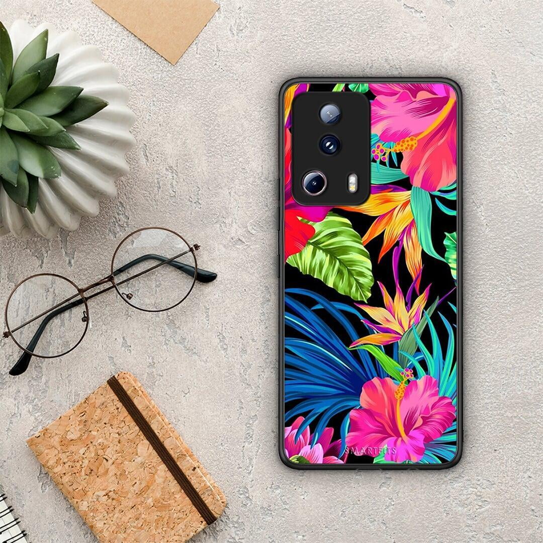 Θήκη Xiaomi 13 Lite 5G Tropical Flowers από τη Smartfits με σχέδιο στο πίσω μέρος και μαύρο περίβλημα | Xiaomi 13 Lite 5G Tropical Flowers Case with Colorful Back and Black Bezels