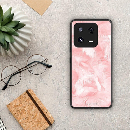 Θήκη Xiaomi 13 Pro Boho Pink Feather από τη Smartfits με σχέδιο στο πίσω μέρος και μαύρο περίβλημα | Xiaomi 13 Pro Boho Pink Feather Case with Colorful Back and Black Bezels