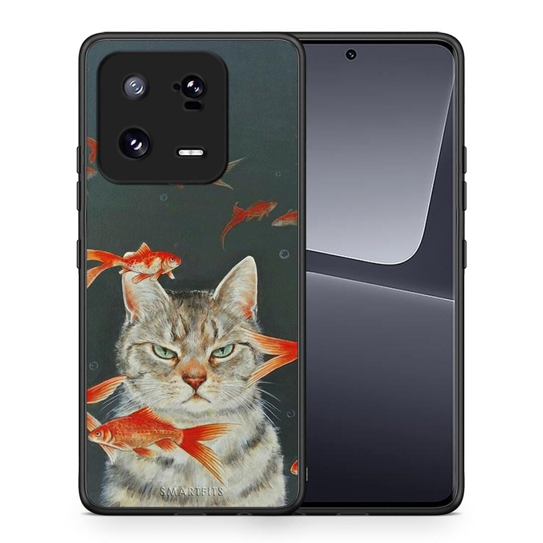 Θήκη Xiaomi 13 Pro Cat Goldfish από τη Smartfits με σχέδιο στο πίσω μέρος και μαύρο περίβλημα | Xiaomi 13 Pro Cat Goldfish Case with Colorful Back and Black Bezels