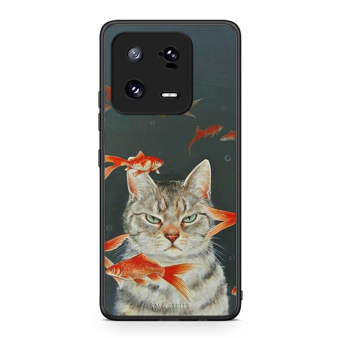 Θήκη Xiaomi 13 Pro Cat Goldfish από τη Smartfits με σχέδιο στο πίσω μέρος και μαύρο περίβλημα | Xiaomi 13 Pro Cat Goldfish Case with Colorful Back and Black Bezels