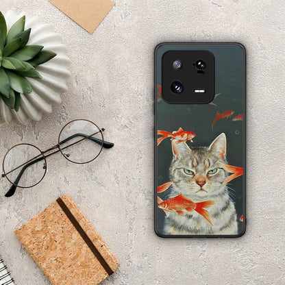 Θήκη Xiaomi 13 Pro Cat Goldfish από τη Smartfits με σχέδιο στο πίσω μέρος και μαύρο περίβλημα | Xiaomi 13 Pro Cat Goldfish Case with Colorful Back and Black Bezels