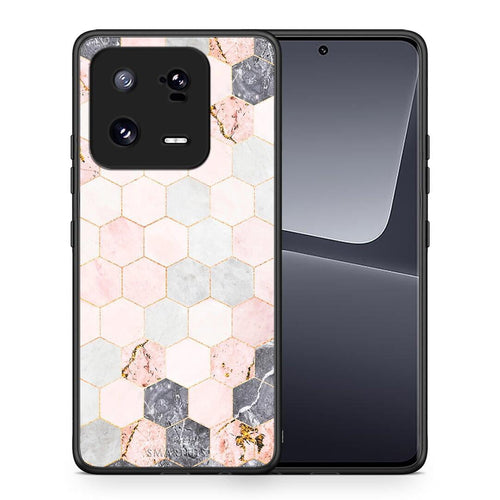 Θήκη Xiaomi 13 Pro Marble Hexagon Pink από τη Smartfits με σχέδιο στο πίσω μέρος και μαύρο περίβλημα | Xiaomi 13 Pro Marble Hexagon Pink Case with Colorful Back and Black Bezels