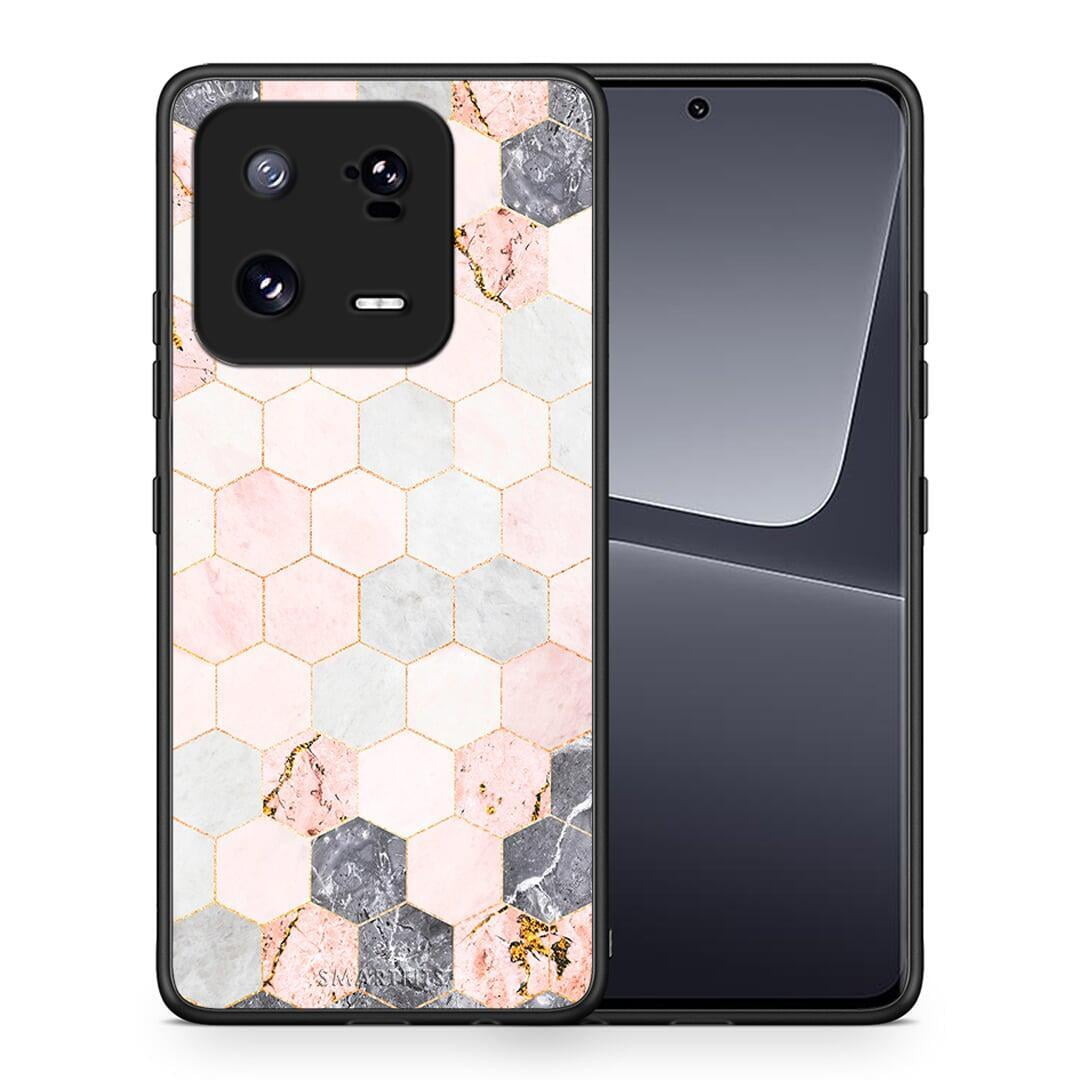 Θήκη Xiaomi 13 Pro Marble Hexagon Pink από τη Smartfits με σχέδιο στο πίσω μέρος και μαύρο περίβλημα | Xiaomi 13 Pro Marble Hexagon Pink Case with Colorful Back and Black Bezels
