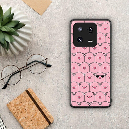 Θήκη Xiaomi 13 Pro Pig Glasses από τη Smartfits με σχέδιο στο πίσω μέρος και μαύρο περίβλημα | Xiaomi 13 Pro Pig Glasses Case with Colorful Back and Black Bezels