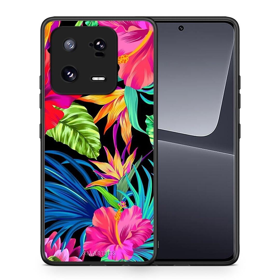 Θήκη Xiaomi 13 Tropical Flowers από τη Smartfits με σχέδιο στο πίσω μέρος και μαύρο περίβλημα | Xiaomi 13 Tropical Flowers Case with Colorful Back and Black Bezels