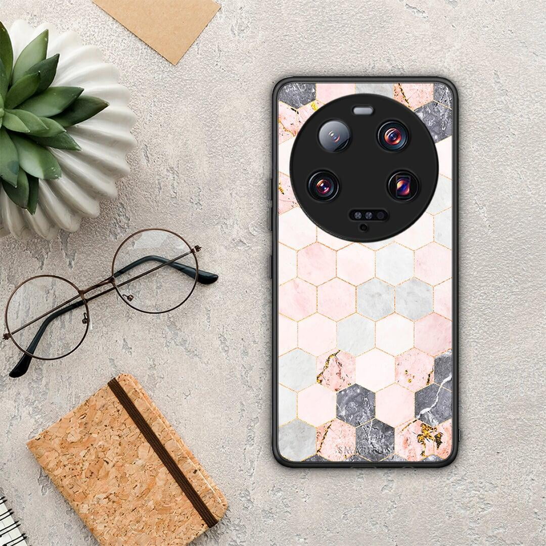 Θήκη Xiaomi 13 Ultra Marble Hexagon Pink από τη Smartfits με σχέδιο στο πίσω μέρος και μαύρο περίβλημα | Xiaomi 13 Ultra Marble Hexagon Pink Case with Colorful Back and Black Bezels