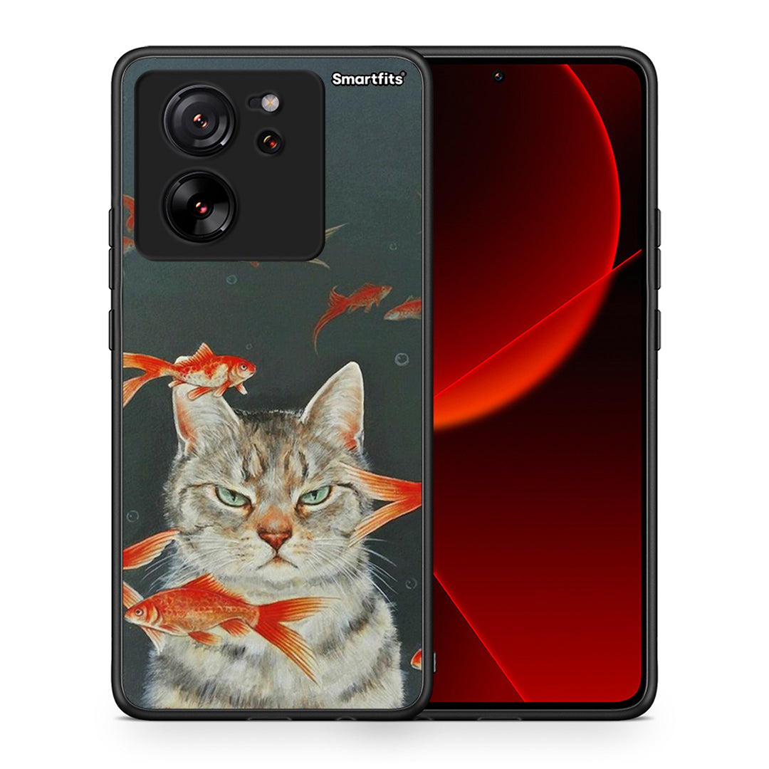 Θήκη Xiaomi 13T Cat Goldfish από τη Smartfits με σχέδιο στο πίσω μέρος και μαύρο περίβλημα | Xiaomi 13T Cat Goldfish case with colorful back and black bezels