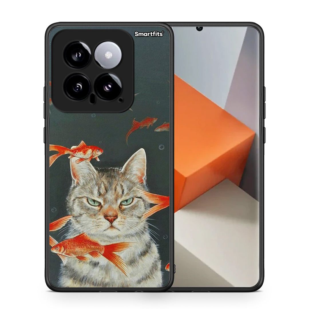 Θήκη Xiaomi 14 5G Cat Goldfish από τη Smartfits με σχέδιο στο πίσω μέρος και μαύρο περίβλημα | Xiaomi 14 5G Cat Goldfish case with colorful back and black bezels